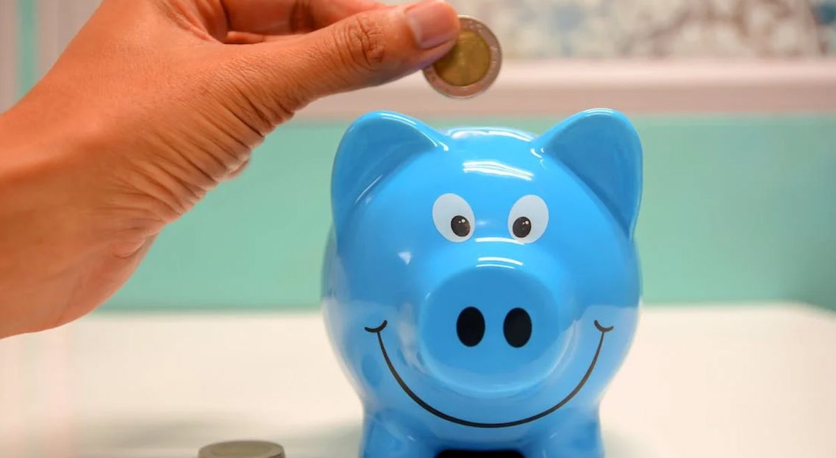 Picture of a person putting a coin in a piggy bank.